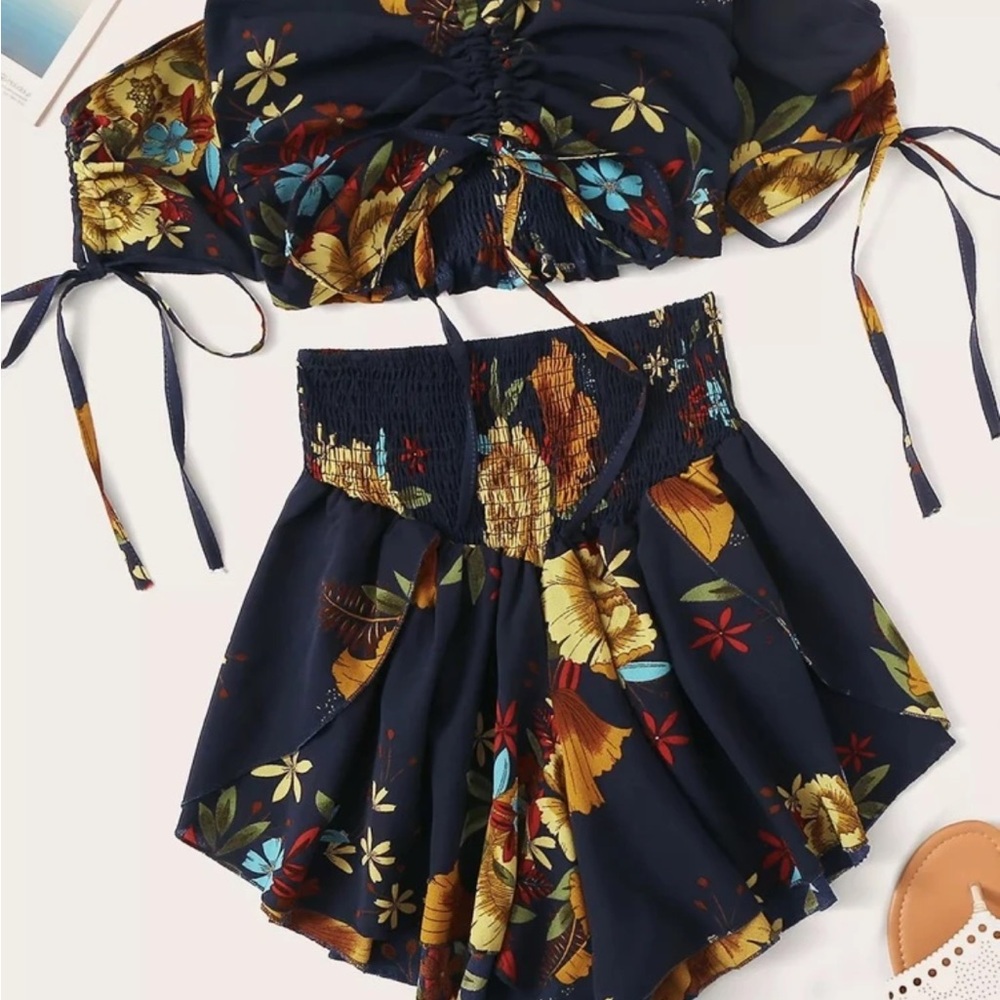 NWOT SHEIN Plus Off Shoulder Floral Print Shirred Top With Shorts Size 3XL